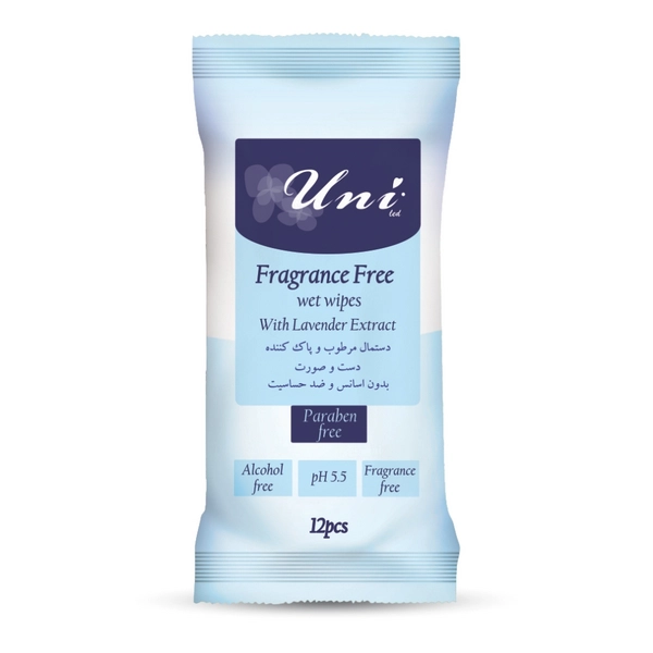 خرید دستمال مرطوب تمیز کننده دست و صورت یونی لد مدل ضد حساسیت حاوی عصاره لاوندر -12برگی جیبی