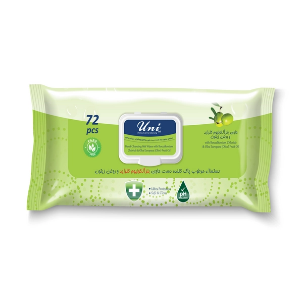 خرید دستمال مرطوب ضد عفونی کننده یونی لد مدل آنتی باکتریال حاوی روغن زیتون 72برگی پاکتی