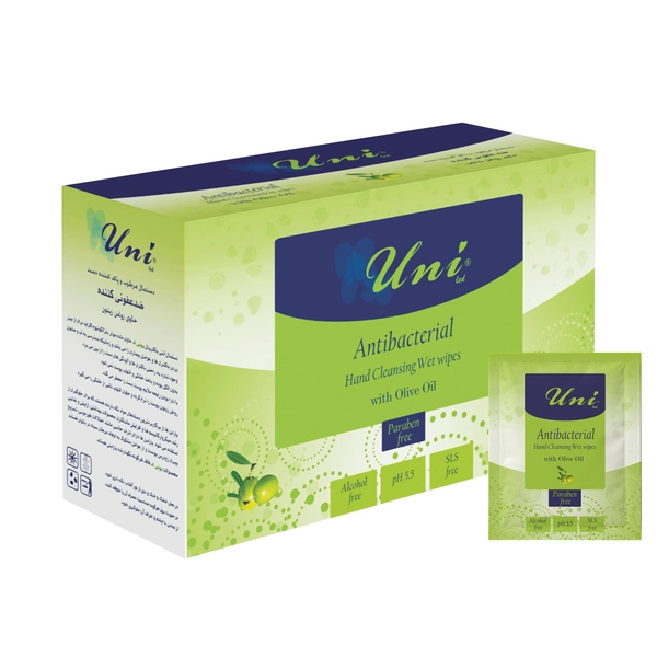 خرید دستمال مرطوب ضد عفونی کننده یونی لد مدل ساشه تکی حاوی روغن زیتون-آنتی باکتریال جعبه 100عددی