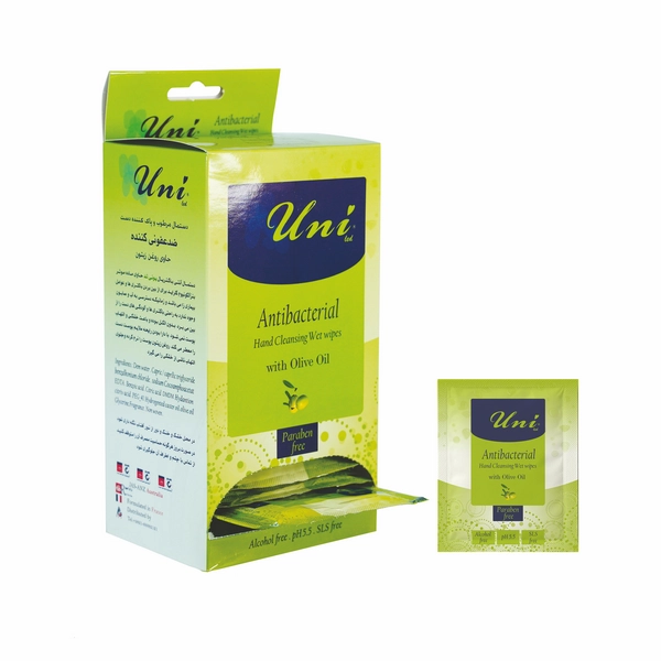 خرید دستمال مرطوب ضد عفونی کننده یونی لد مدل ساشه تکی حاوی روغن زیتون-آنتی باکتریال جعبه 40عددی
